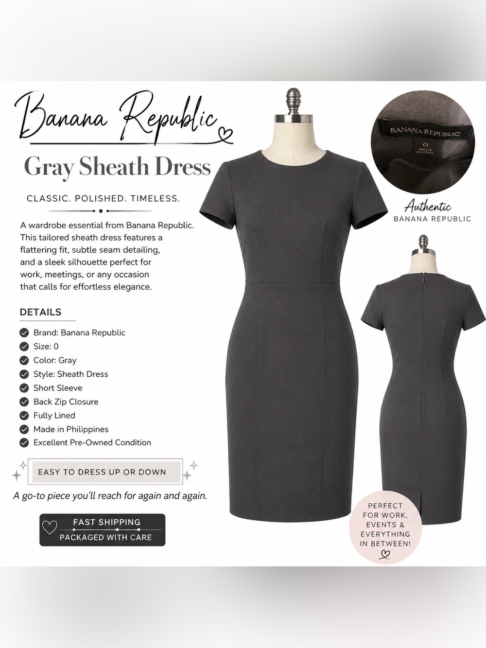 Banana Republic Charcoal Gray Midi Sheath Dress